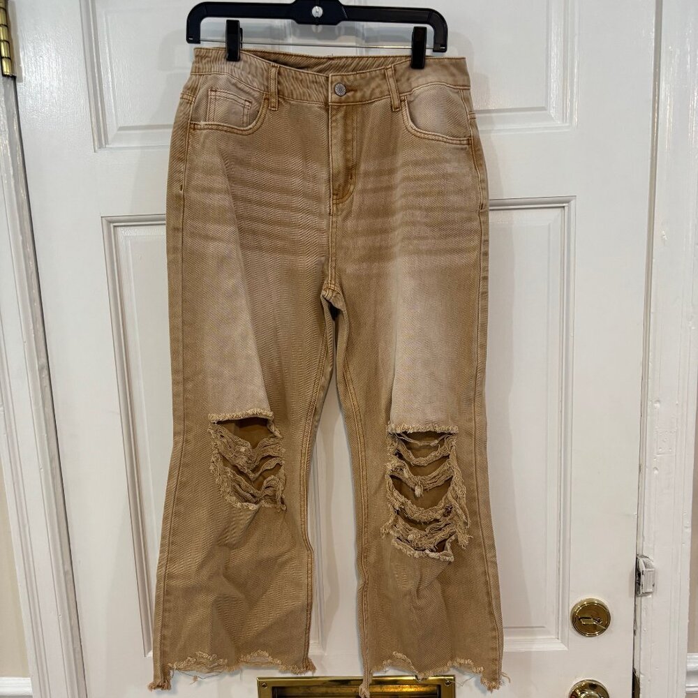Tan Jeans (8) with frayed hem, flared legs & stylish rips in the front. Tags on!